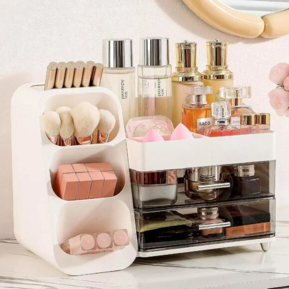 White Makeup Organizer with Drawers & Brush Holder for Vanity & Skincare Storage